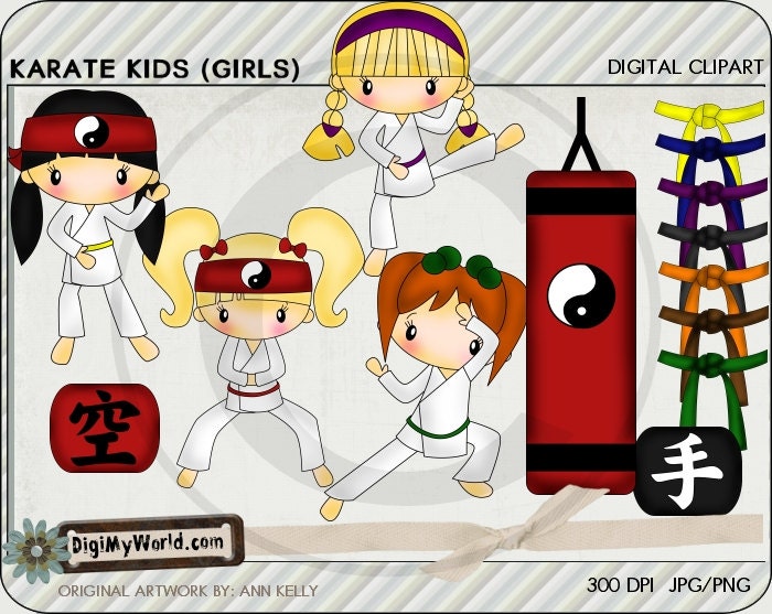 Karate Girls, martial arts, tae kwon, black belts and more colored clip art,  for card making and scrapbooking