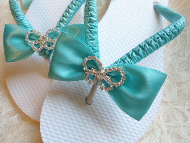Tiffany Blue wedding shoes, Tiffany blue flip flops, decorated flip flops, maid of honor gift, bridal shoes, bridal flip flops