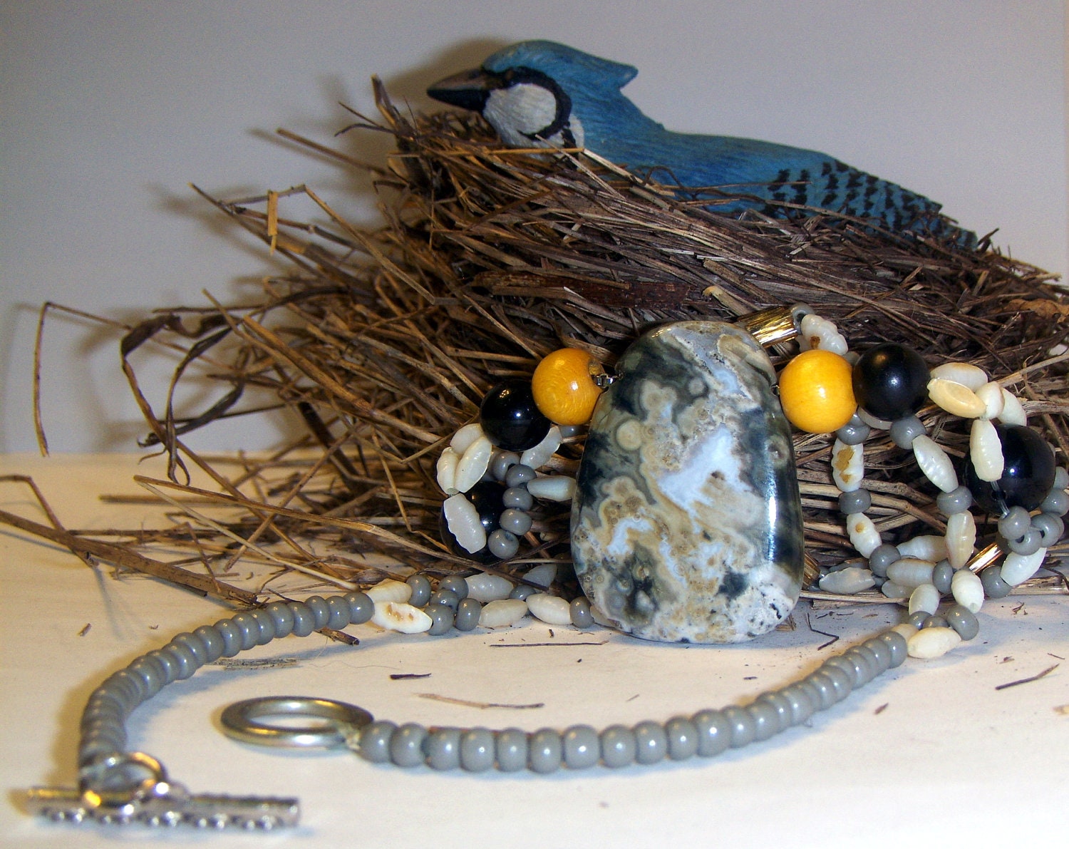 Ocean Jasper Etsy necklace real pearls - black - yellow - grey beads