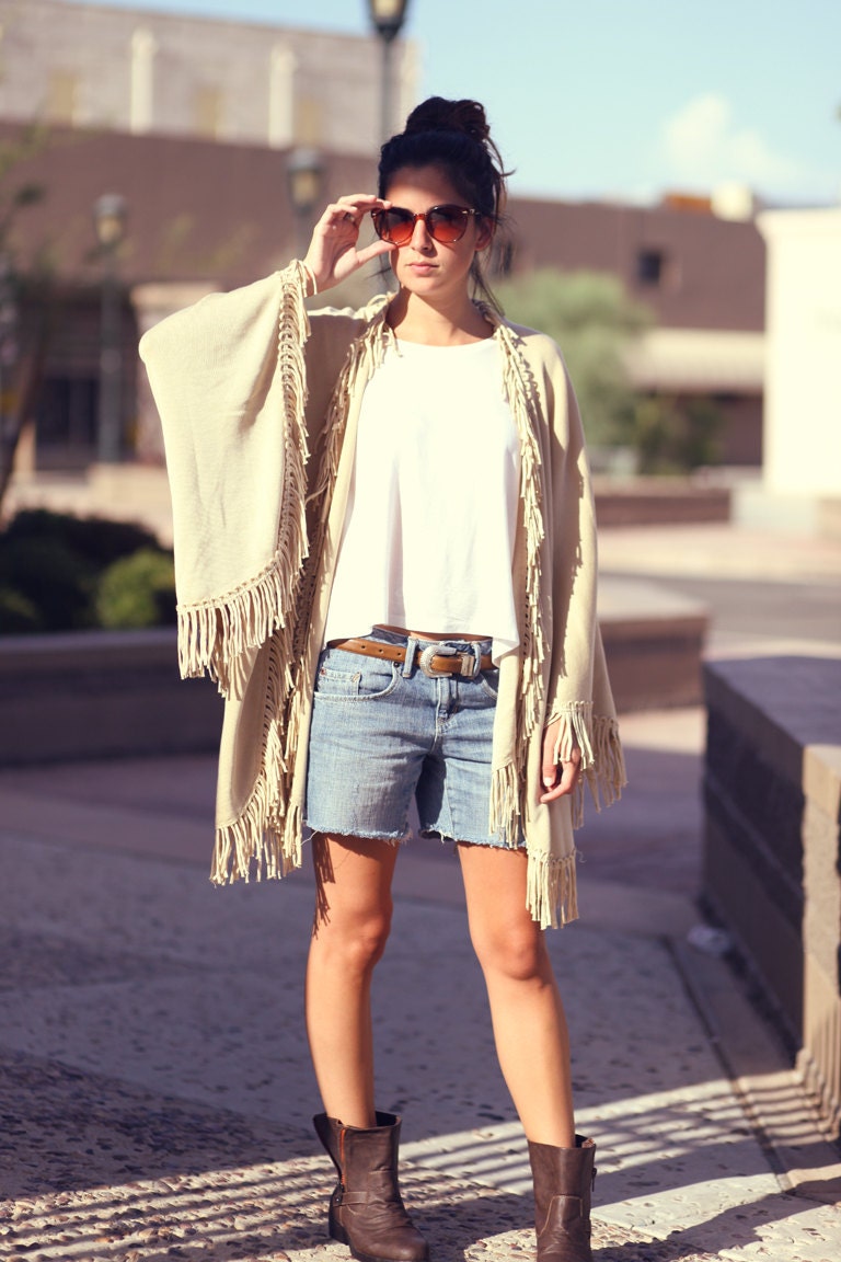 Ivory Taupe Fringe Hem Fall Shawl Poncho - Irene