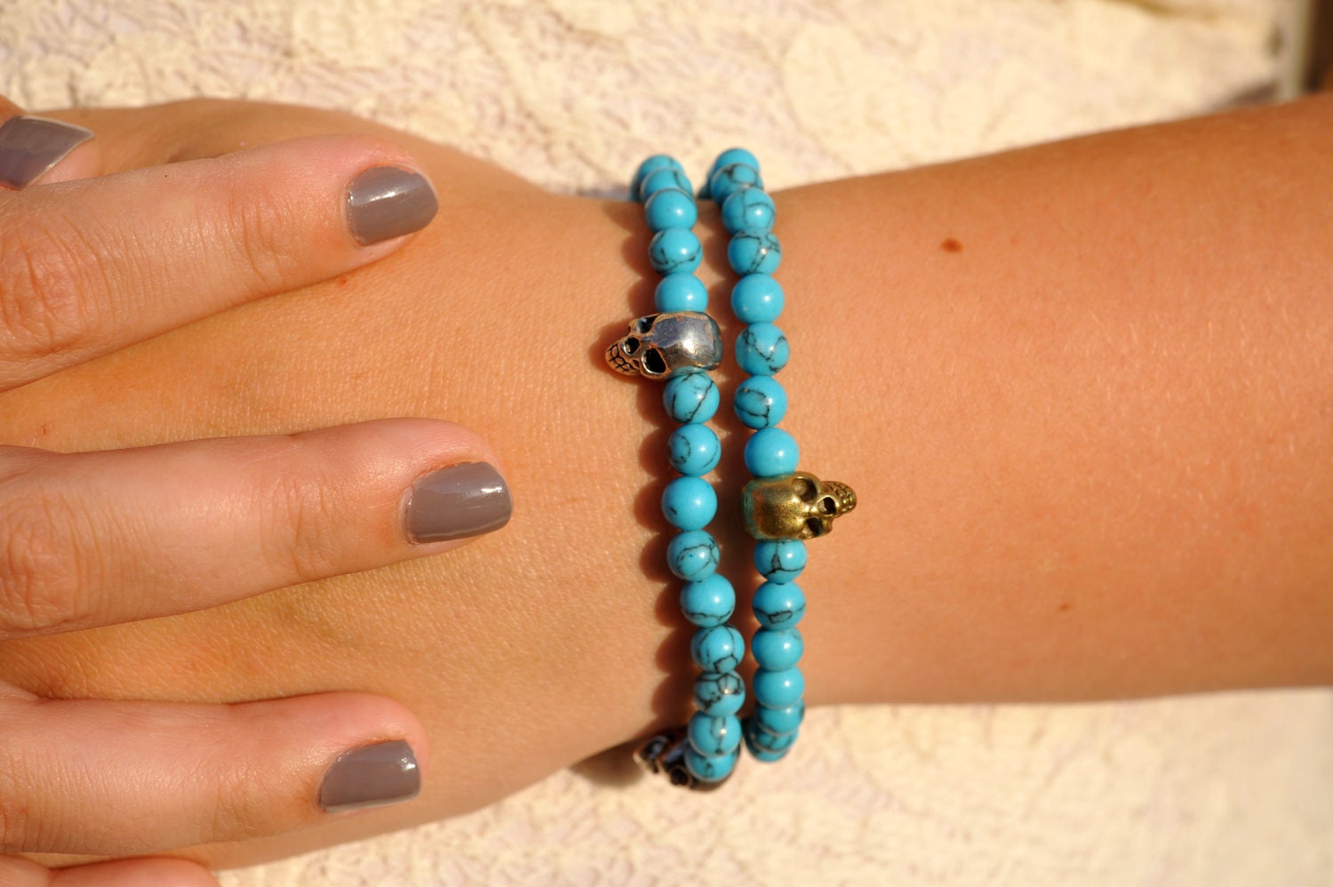 Set of 2 Gold and Silver Skull and Turquoise Beaded Bracelets