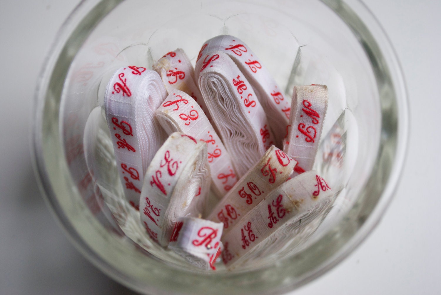 Vintage french embroidered ribbons - Monograms - vintage laundry labels with box