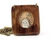 barn owl necklace hand painted wooden necklace- "white owl in a pink spring garden"- In a Tree Series