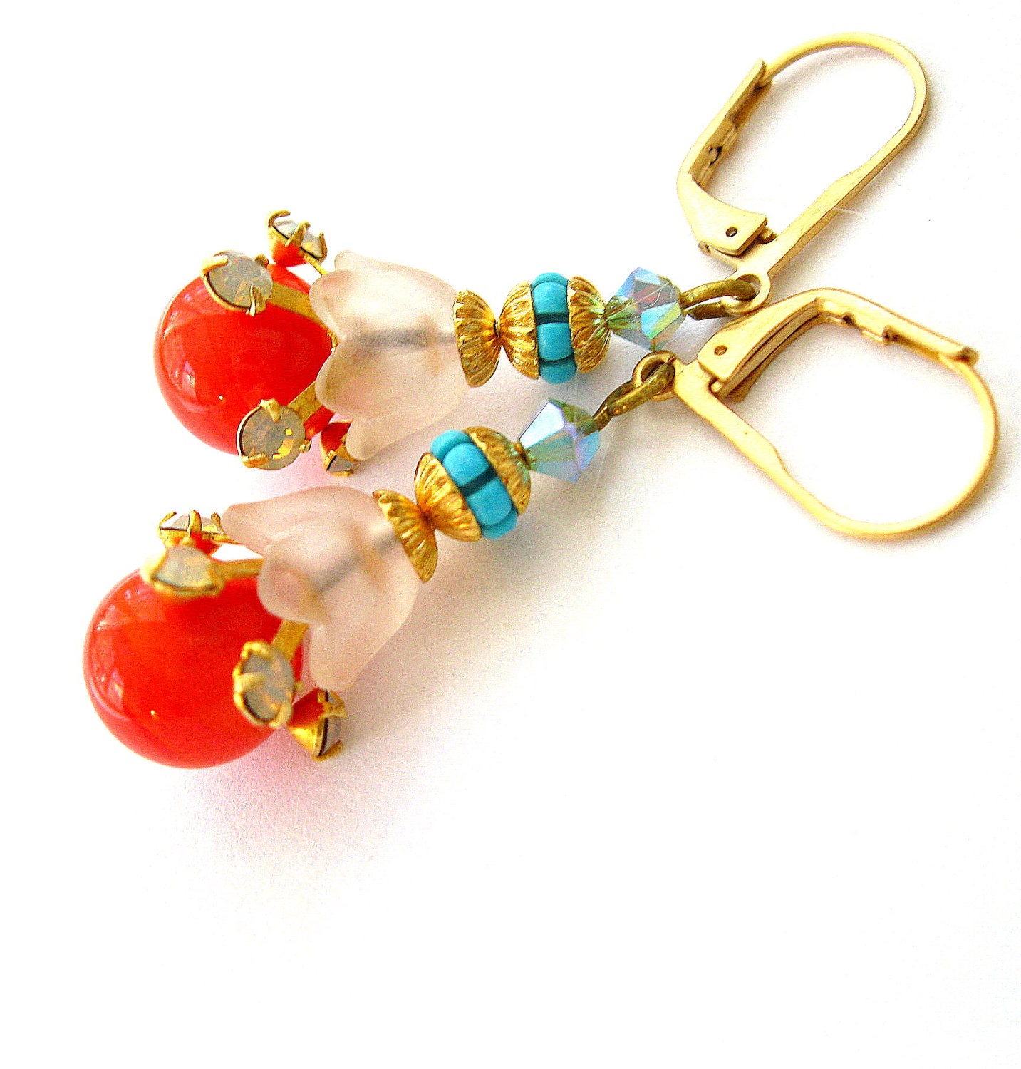 Tangerine and Turquoise Earrings Fairy Flower earrings - Vintage flower earrings - Dangle earring Floral Jewelry Gift under 50 Haskell