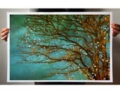 25% Off SALE Magical 16x24 Nature Photograph fine art. surreal large wall art. tree branches twinkle lights green teal blue