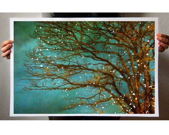 25% Off SALE Magical 16x24 Nature Photograph fine art. surreal large wall art. tree branches twinkle lights green teal blue