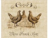 Three French Hens sepia brown Digital download for  transfer to fabric burlap paper decoupage tote bags pillows napkins No. 420