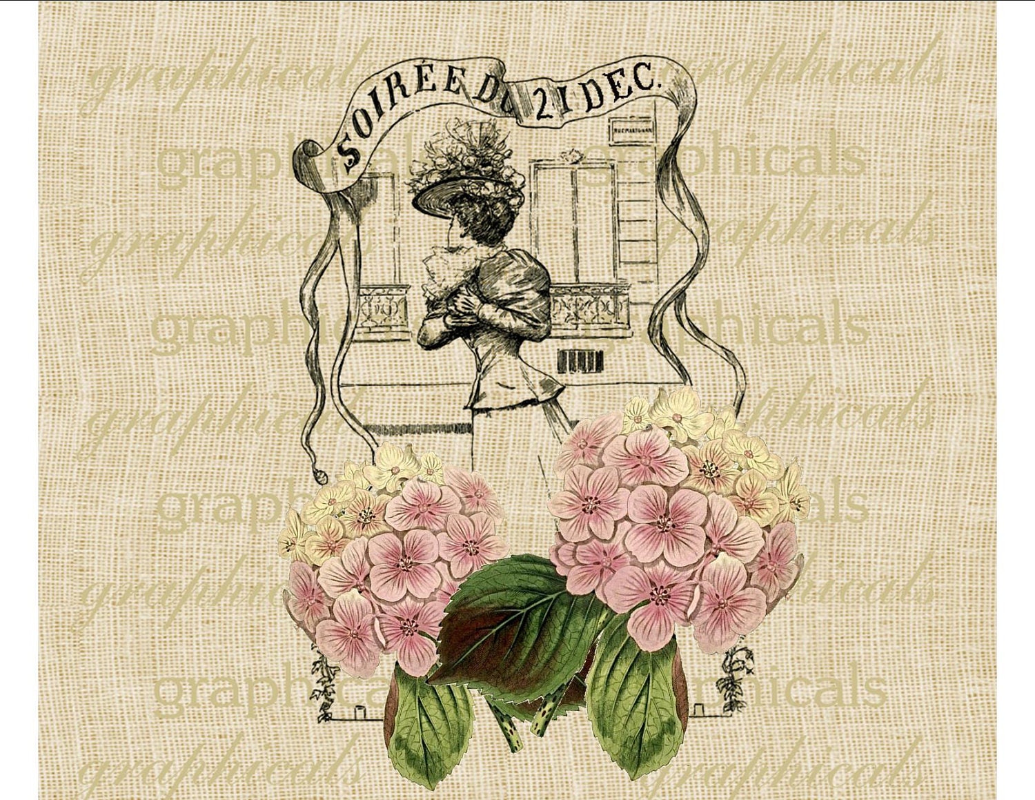 Vintage French ephemera Christmas Pink hydrangeas Digital download image for iron on fabric transfer burlap decoupage pillows totes No. 1779