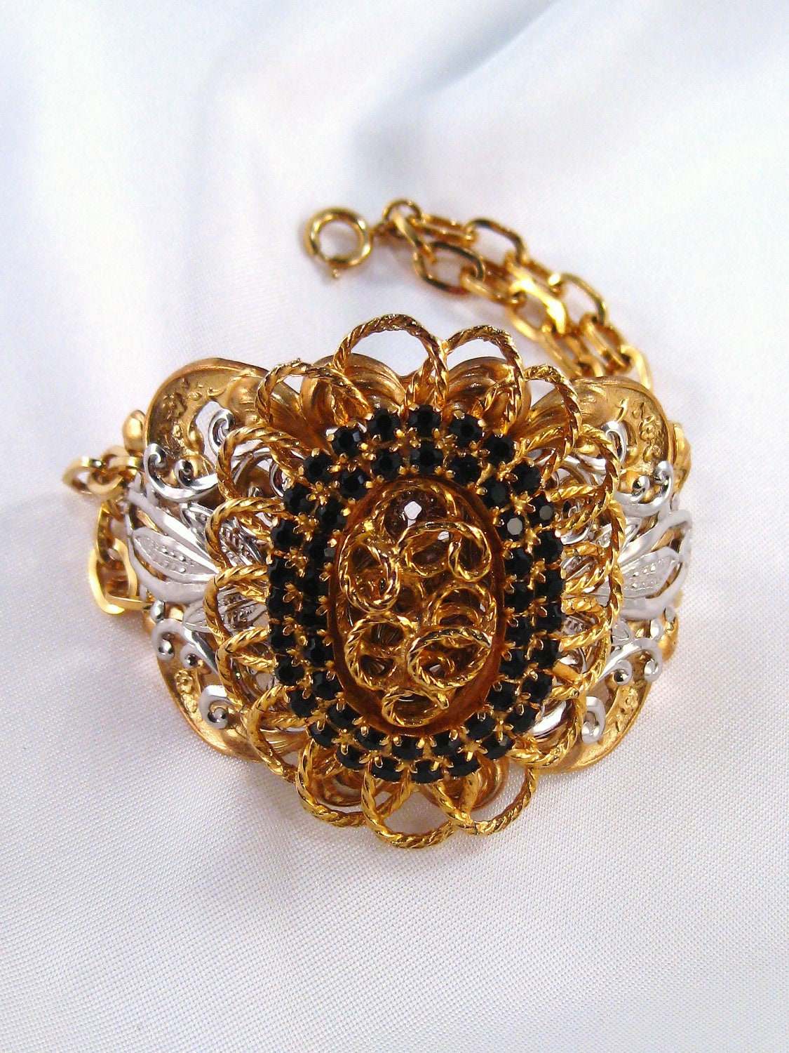Cuff Bracelet Vintage Black Rhinestone Brooch Silver Tone on Brass Cuff
