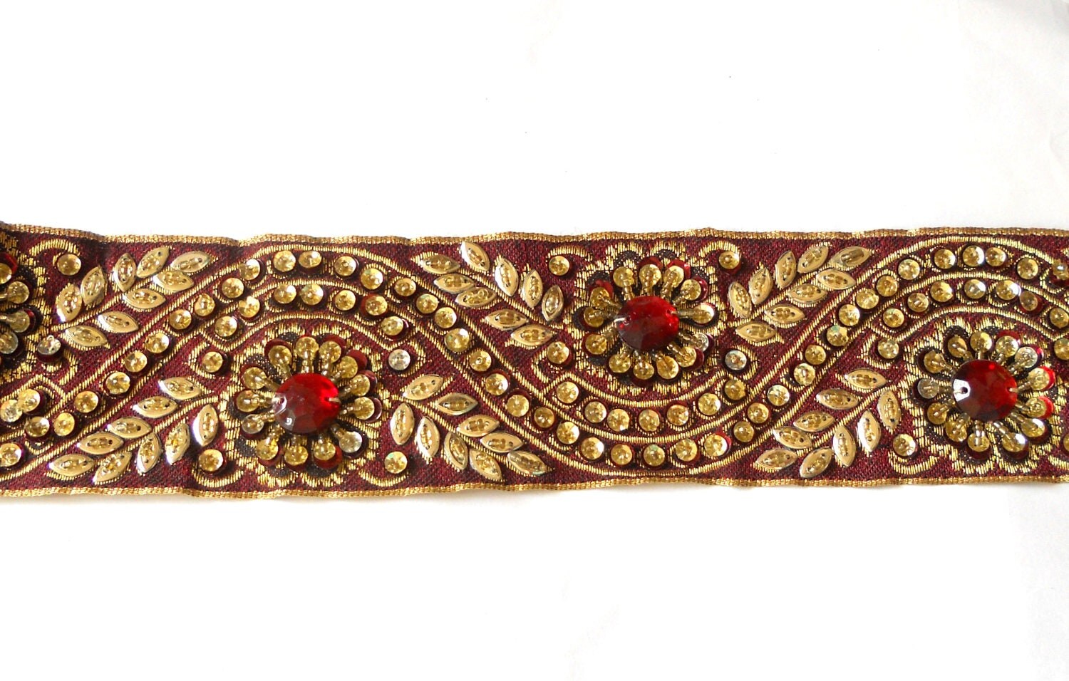 Items similar to Maroon Trim.Beaded Indian Ribbon.Saree Border. Golden