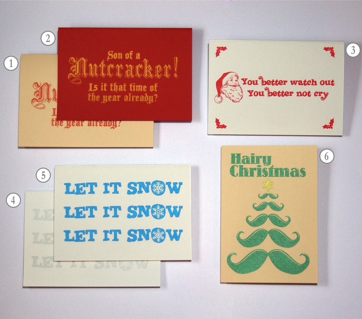 Hand Printed Christmas Cards, Set of 6, Funny Screenprint Holiday Cards
