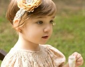 Sweet Heirloom Headband Taupe Flower With Rhinestone Embellishment On Lace Stunning Vintage Style Newborn Photo Prop