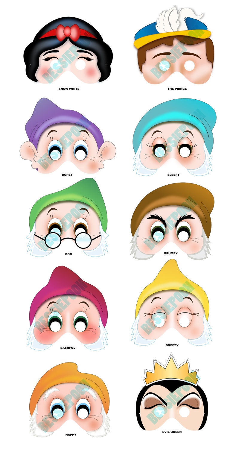 DISNEY PRINCESS PARTY Printable Mask Collection. Snow White, Prince Charming, Evil Queen and 7 Dwarfs. Photo booth prop.