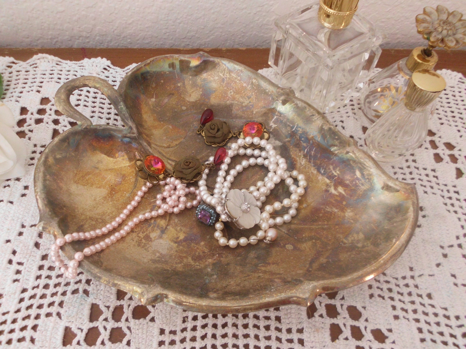 Vintage Silver Plated Candy Dish Shabby Chic Cottage French Country Farmhouse Home Decor Leaf Fall Autumn Wedding Decoration Jewelry Tray