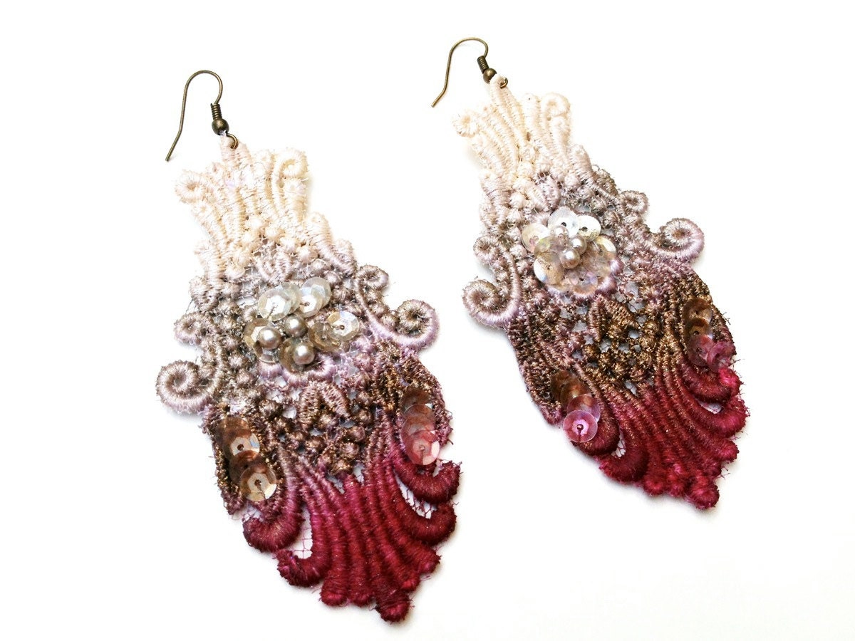 Lace Earrings Hand Painted Ombre in Burgundy Oxblood Brown and Tan