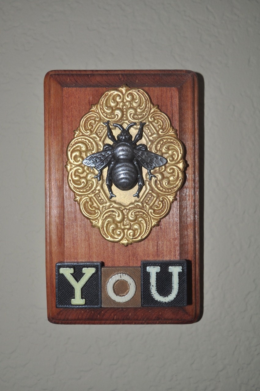Bee You wall plaque mixed media vintage assemblage
