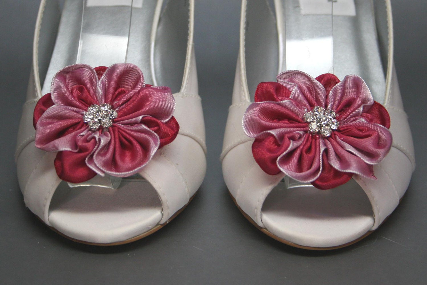 SAMPLE SALE Wedding Shoes -- Ivory Peeptoe Wedges with Pink Flowers -- Size 6 Only