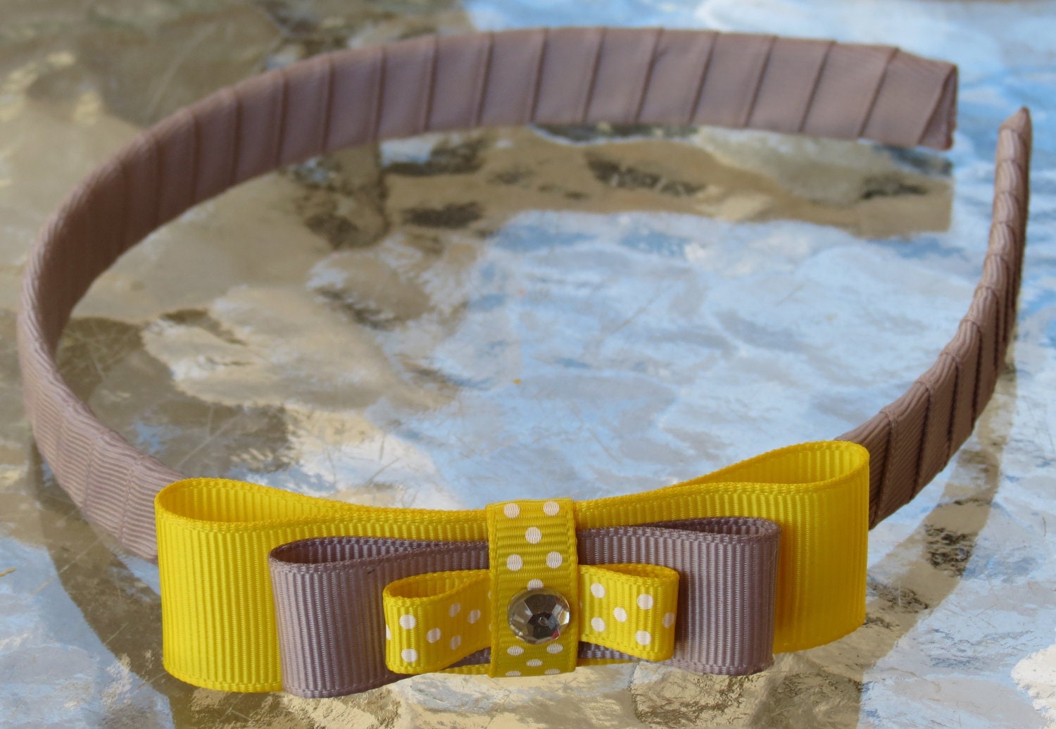 Loopy Bow Headband with Rhinestone - Gray and Yellow