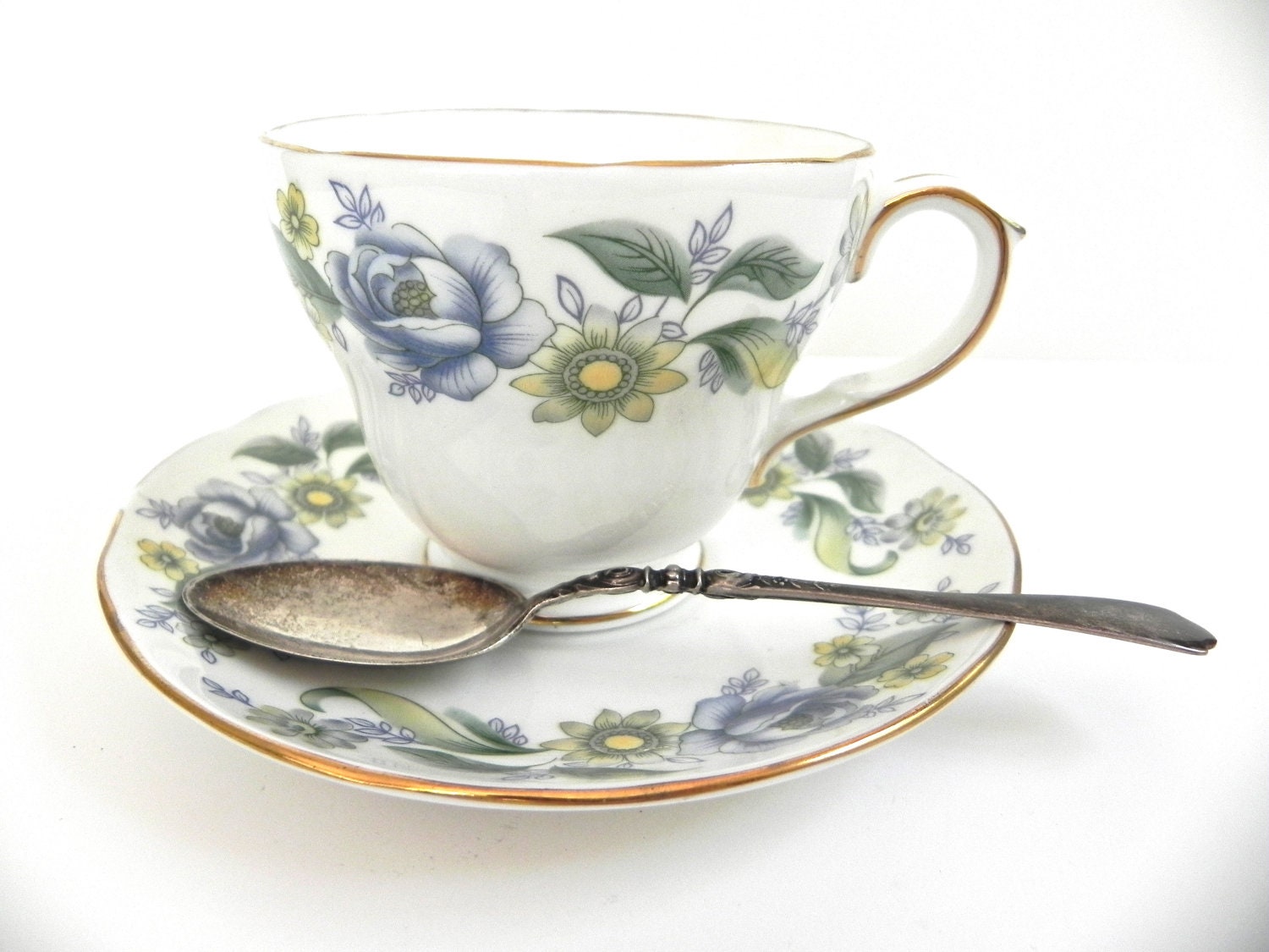 Vintage Duchess Rhapsody Fine China Teacup and Saucer... Tea Time... Blue and Yellow China