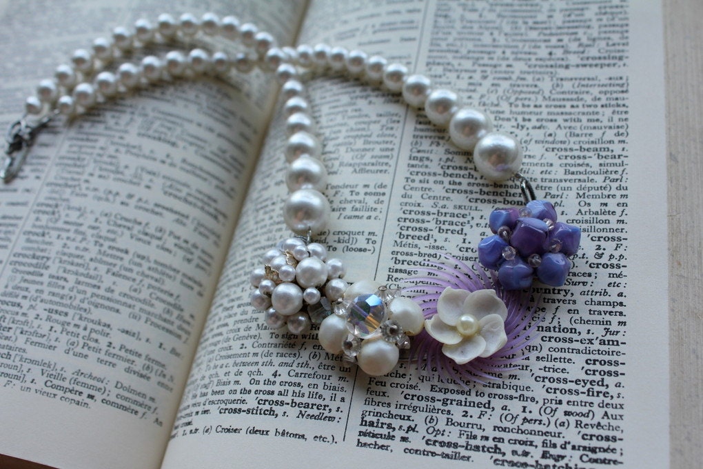 Vintage Pearl Necklace with Purple Collage Wedding Statement Assemblage