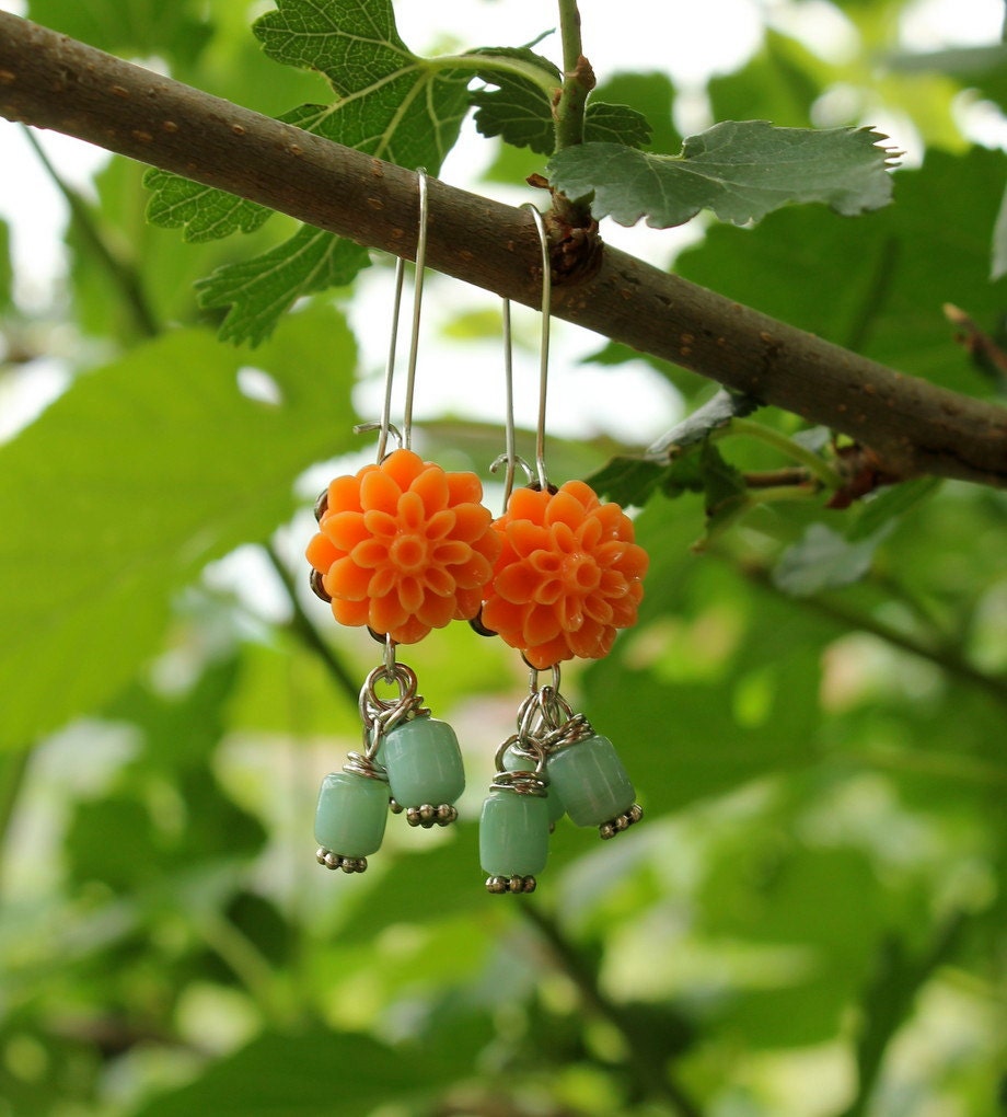 Earrings Orange & Aqua Flower Wedding Jewelry BEST Bridesmaid Gift
