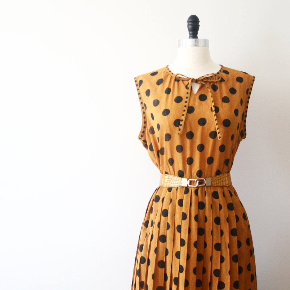 Vintage Mustard Dress Polka Dot Japanese Pleated Dress