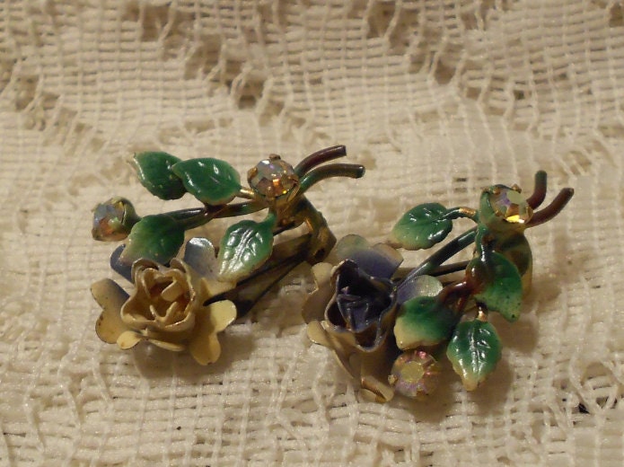 Vintage Flower Spray with Rhinestones Earrings Made in Austria