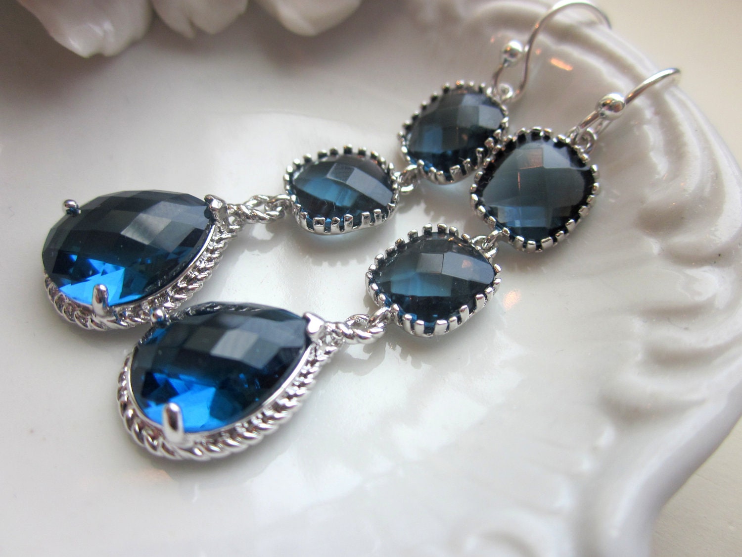 Sapphire Earrings Navy Blue Silver Plated Three Tier - Bridesmaid Earrings - Wedding Earrings - Bridal Earrings - Christmas Gift