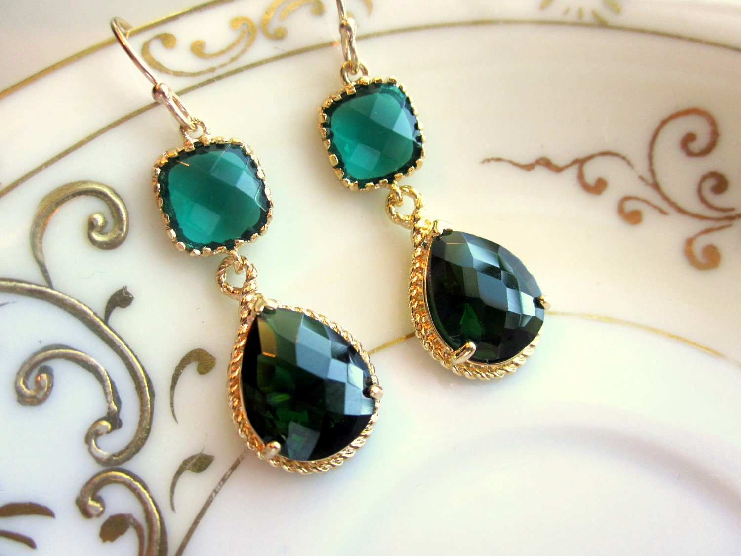 Emerald Green Earrings Gold Pendant Two Tier - Bridesmaid Earrings - Wedding Earrings - Bridal Earrings - Christmas Gift