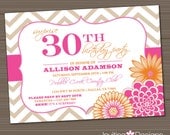 Birthday Party Invitation, 20th, 25th, 30th, 40th, 50th, Pink, Orange, Surprise, Chevron - Customize your Colors (PRINTABLE FILE)