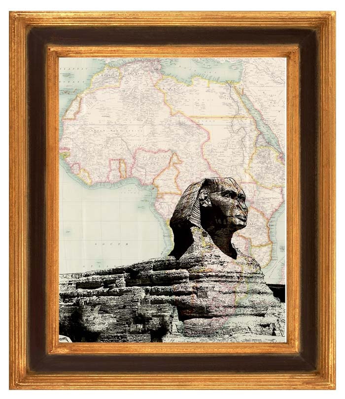 Sphinx of Giza on antique map of Africa mixed media  Matte Printmaking  vintage map illustration decorative arts