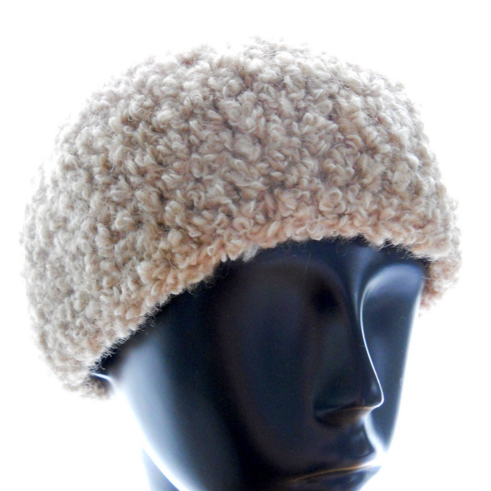 Hand crochet hat, women's crochet beanie hat, pale pink and pale tan boucle hat, wool-blend hat, winter fashion, large hat