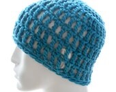 Hand crochet hat, men's or women's teal beanie hat, wool-silk crocheted hat, hand-painted yarn hat, fishnet hat