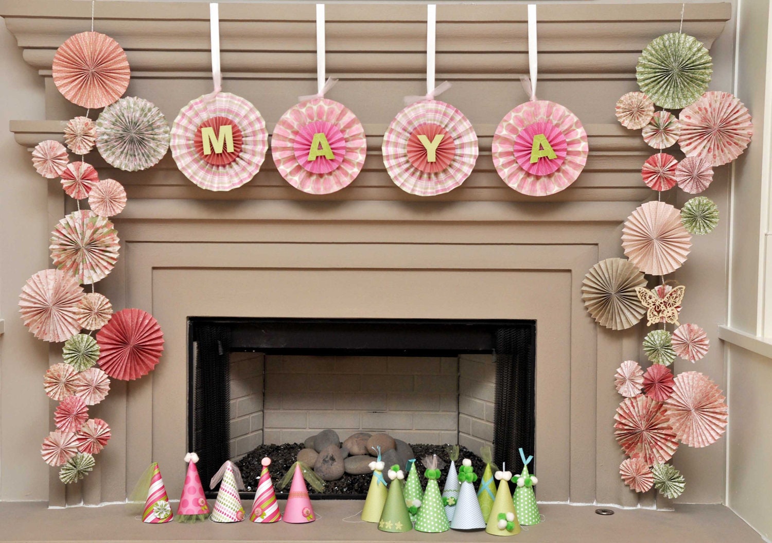 Set of 2 Hanging Ka-Lollie Paper Rosettes / Streamer/ Bunting for Wedding/ Baby and Bridal Shower/ Nursery/ Backdrop