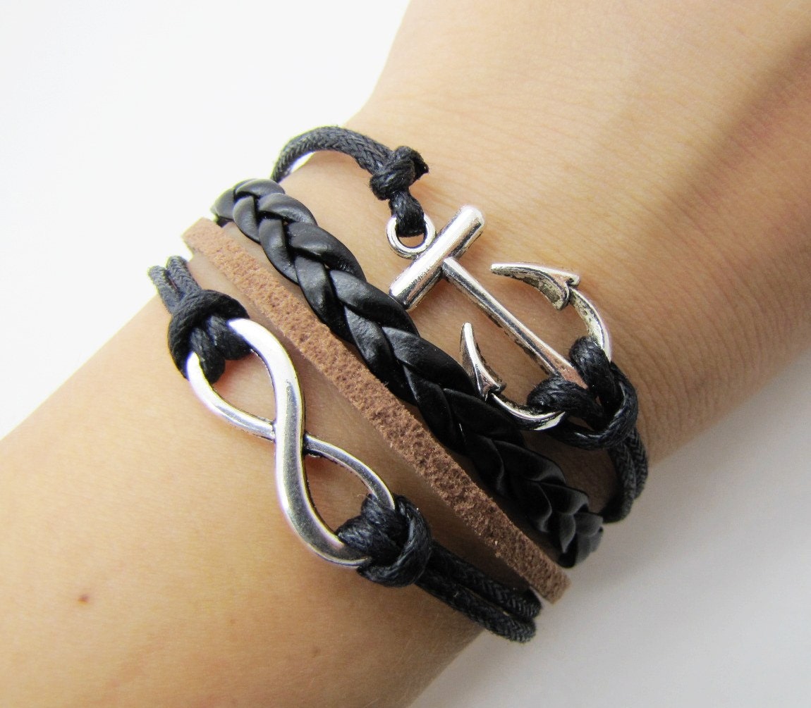 Adjustable silvery anchor and Infinity Wish Bracelet with black rope leather women jewelry bangle bracelet 1158S