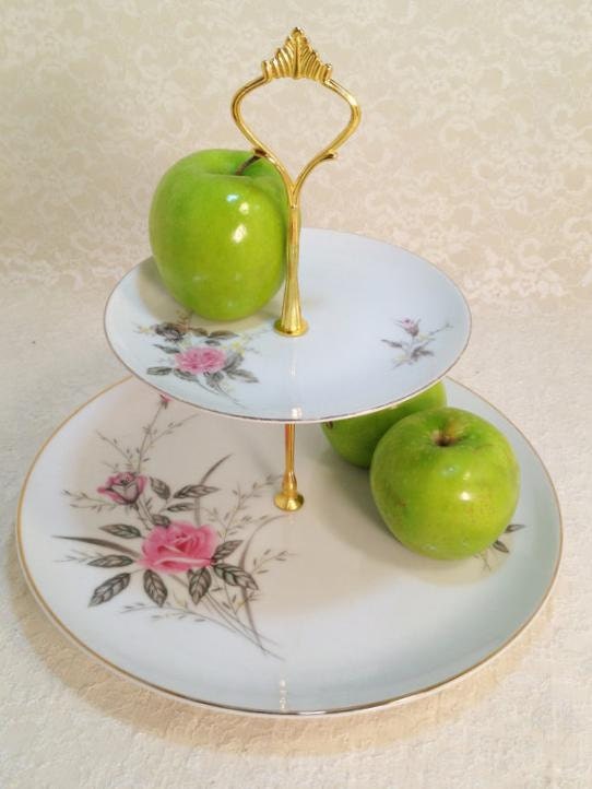 2 Tier Cake Stand Tidbit Tray Golden Rose