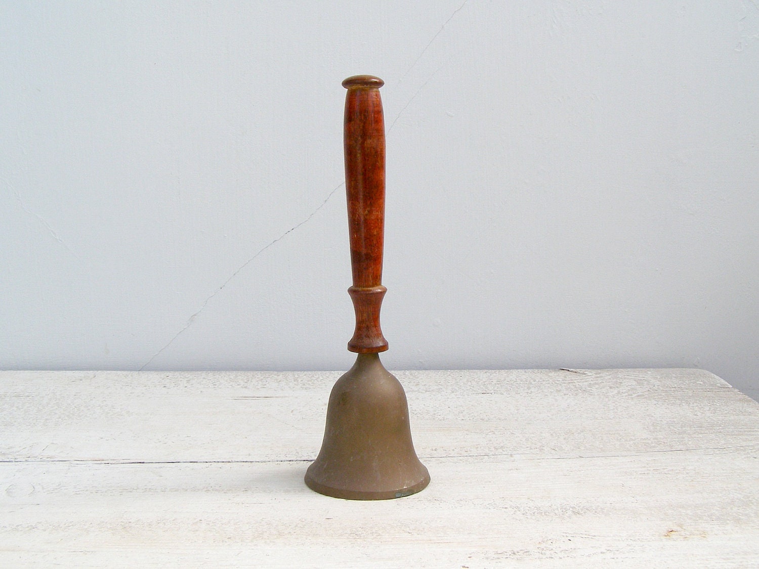 Vintage Bronze Copper Dinner Bell, mid century wood handle bell, Rustic counter bell,  School house bell, Party bell, Christmas Bell