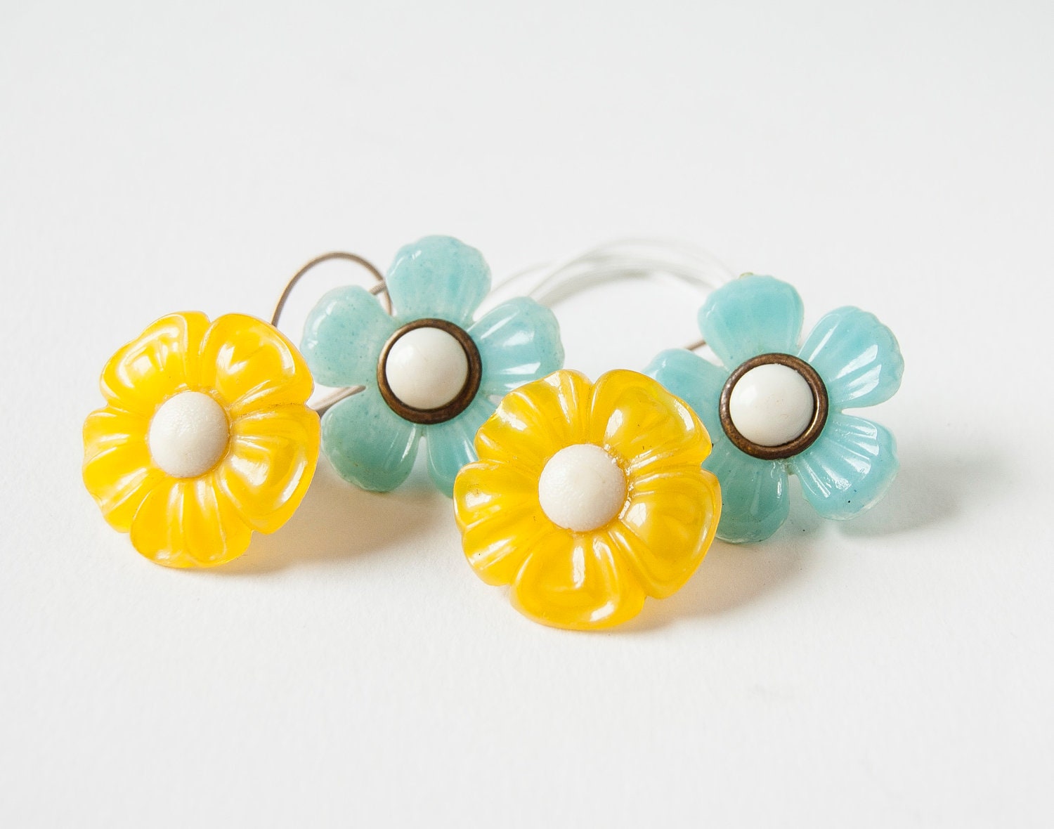 Vintage hair elastics - yellow hair ties - blue flowers - Soviet 1970s design