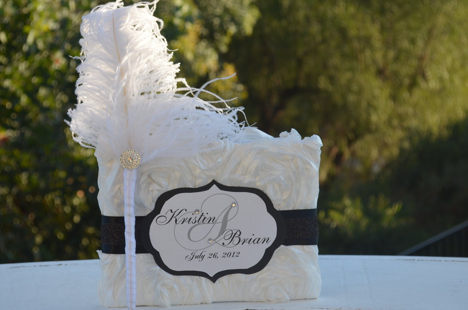 Wedding Guest book with Bling Monogram and Feather Pen-Black and White Wedding