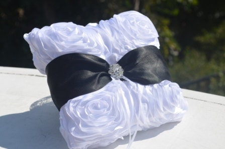 Black and White Ring Pillow-White rossette Ring Pillow with Black sash and crystal bling center