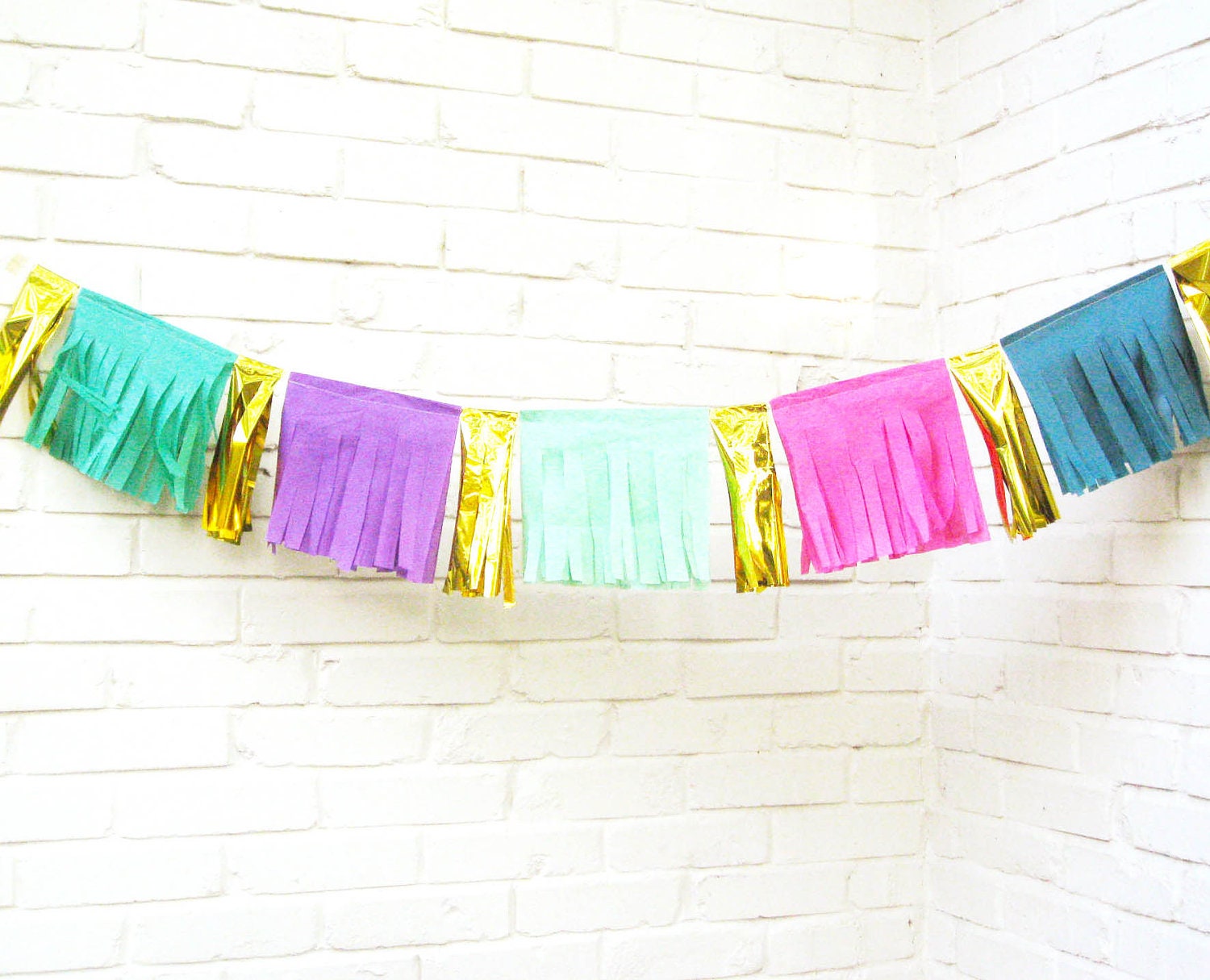 On the Fringe Garland, Tissue Paper Garland, Bunting, Gold Purple, Turquoise, Pink, Party Decoration, Tassel Garland,