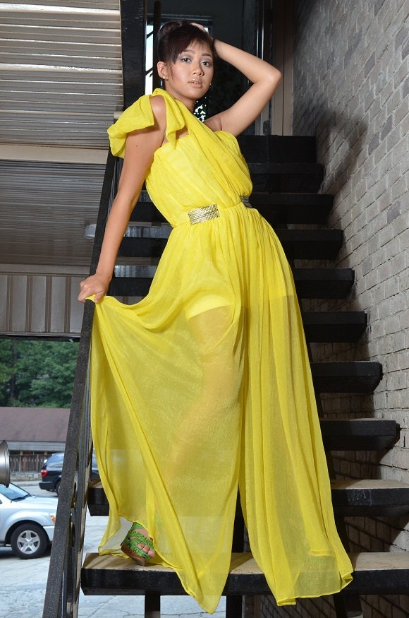 Yellow crinkled chiffon jumpsuit Prom dress designed by LOLITA ALONZO
