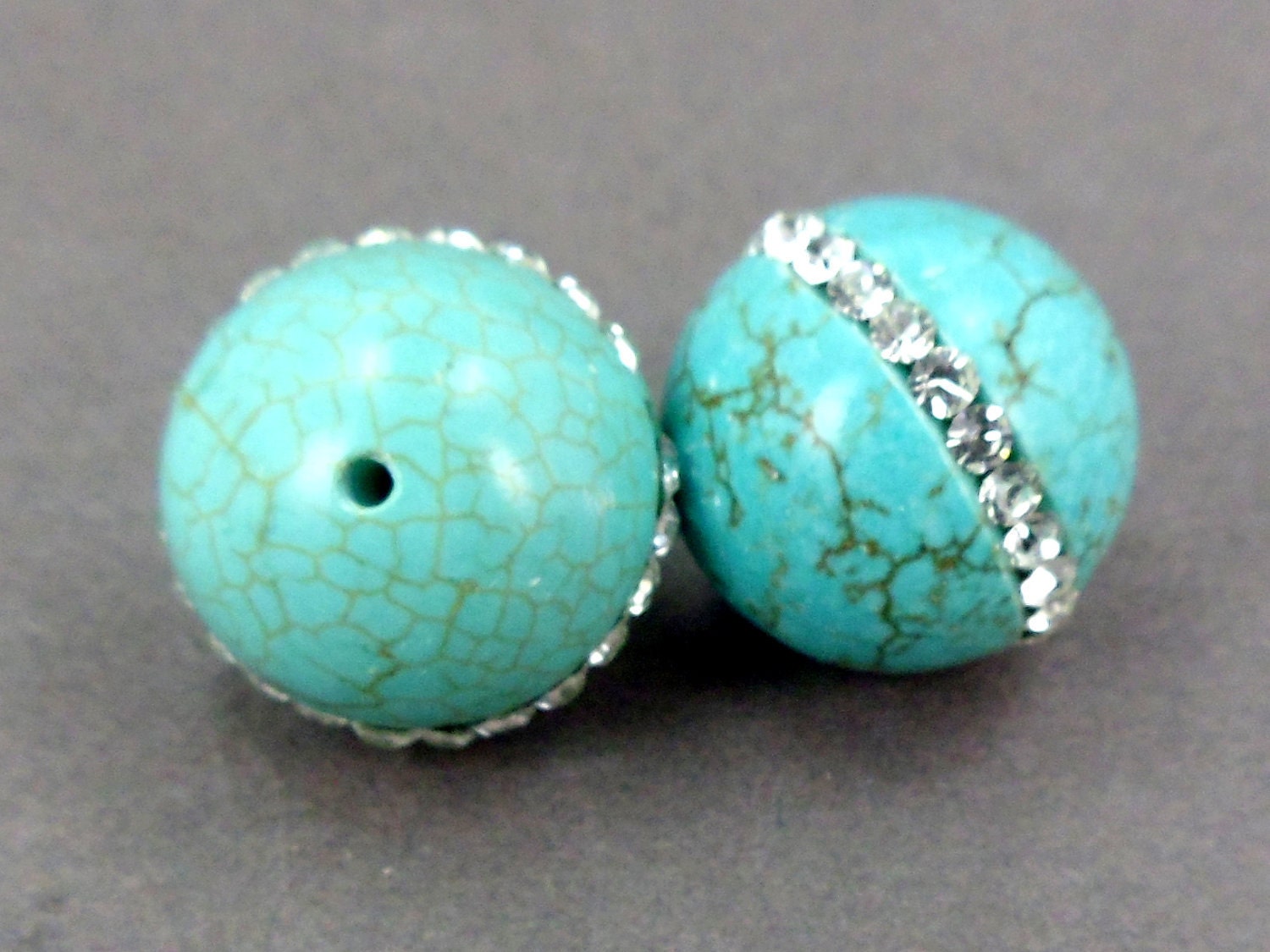 Turquoise bead with crystal rhinestone center large bead UNIQUE