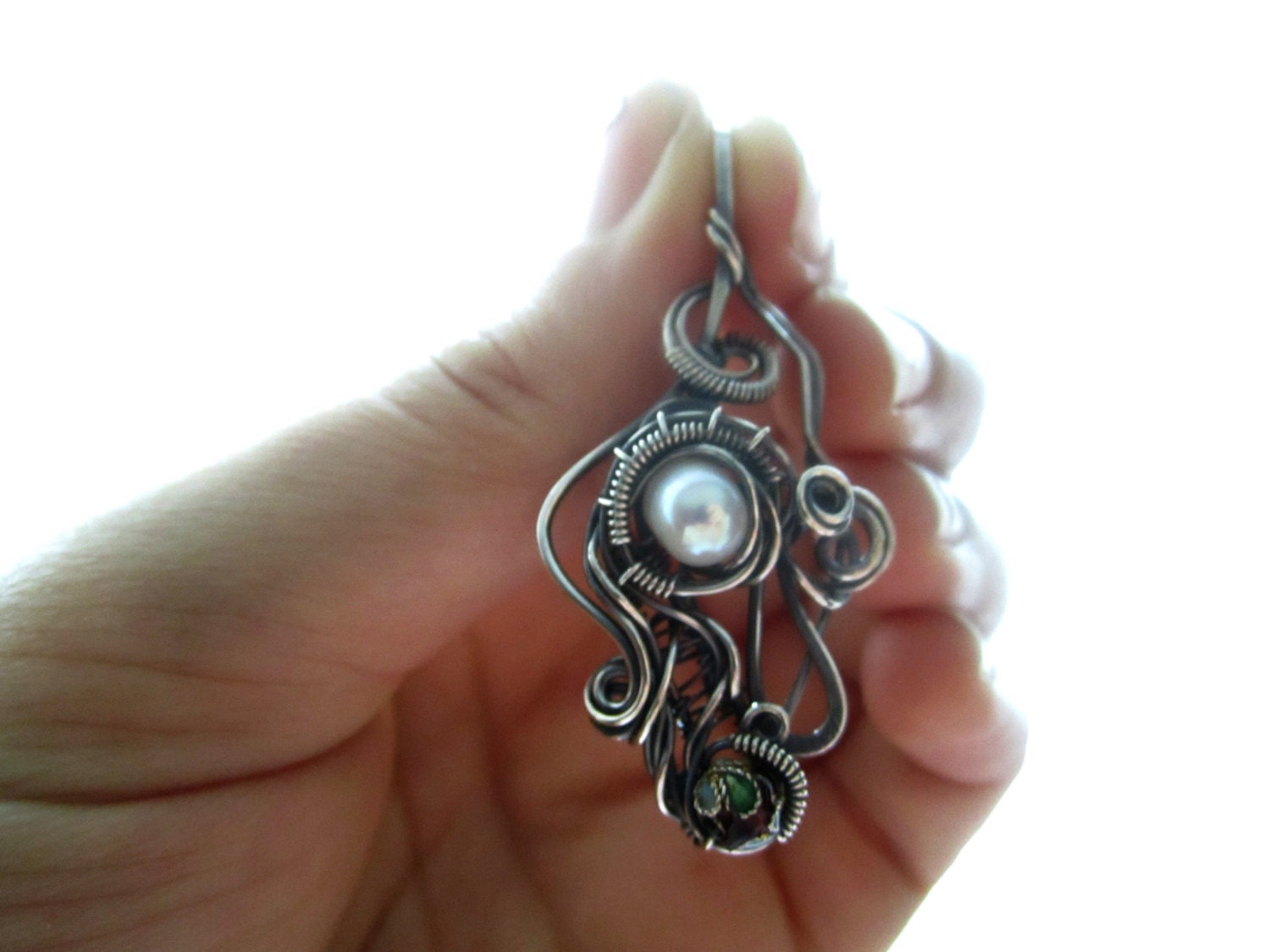 Sterling Silver Wire Wrapped Pendant with Freshwater Pearl, Whimsical, Fairy Jewelry, Antiqued