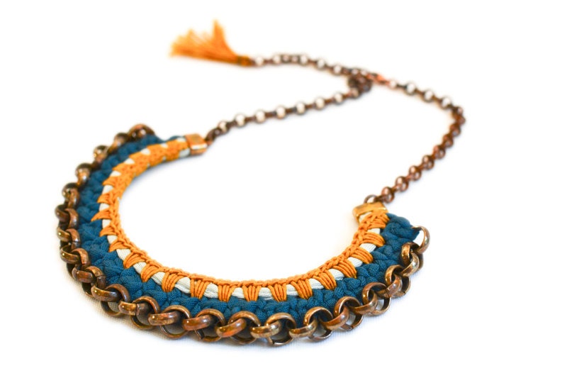necklace teal and mint jersey mustard yarn brass chain crochet 50cm