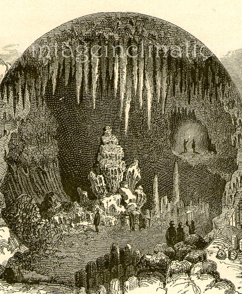 Antique Print GROTTO 1873 Engraving beautiful wall art vintage black white illustration geology minerals