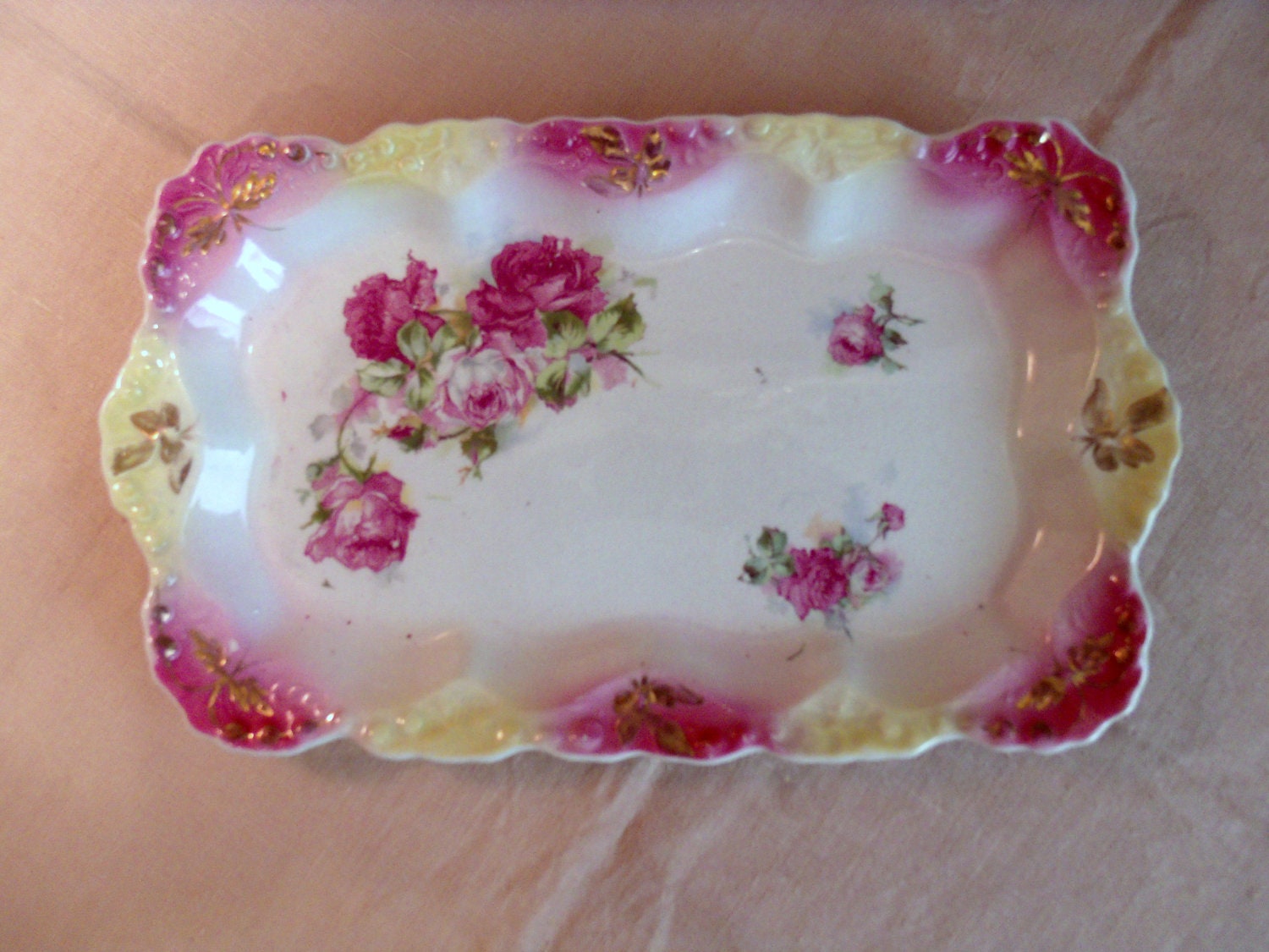Vintage Hand Painted Dish Rectangular Shape Pink Roses Gold Edging Unmarked Dresser Tray TREASURY ITEM