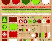 INSTANT DOWNLOAD - Christmas Digital Clip Art Set - Borders Labels Flourishes - Green and Red - 57 Pieces - clipartset053