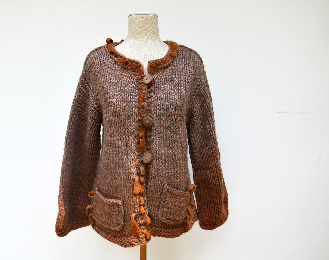 OOAK Hand knitted sweater, hand dyed, decorated with wool felt, and needle felting, wooden buttons, ochre