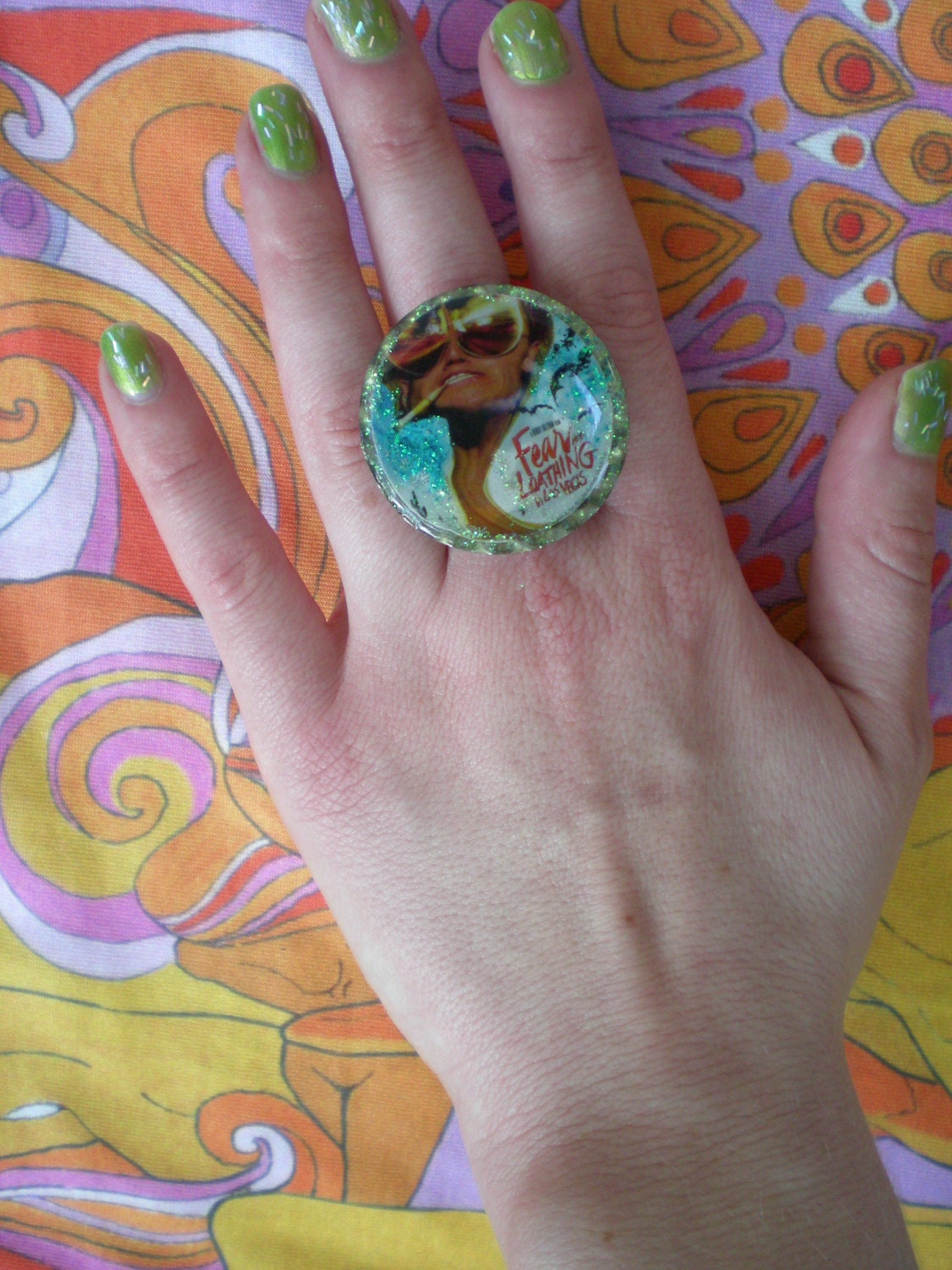 FEAR And LOATHING In Las VEGAS Glitter Resin Ring Johnny Depp Hunter S Thompson Bats ooak upcycled book movie poster